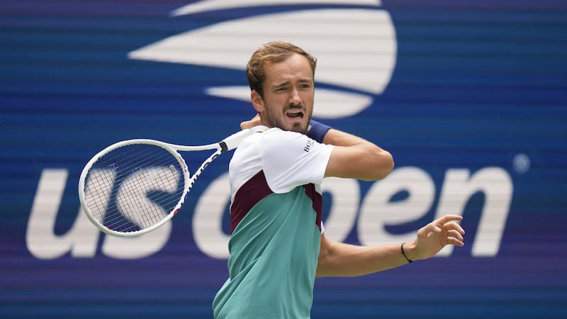 Daniil Medvedev, of Russia, during the first round of the U.S. Open tennis championships,...